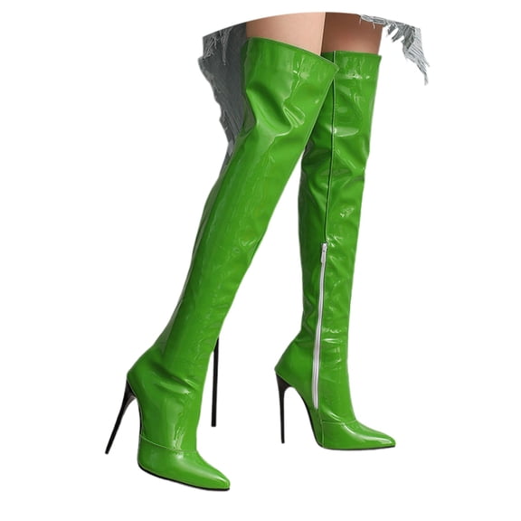 Wovix Women's Knee-High Boots Metal Stiletto Heel Pointed Toe Elastic Over Knee Boots Lace Back Patent Leather Nightclub Striptease Trendy Party Green 37