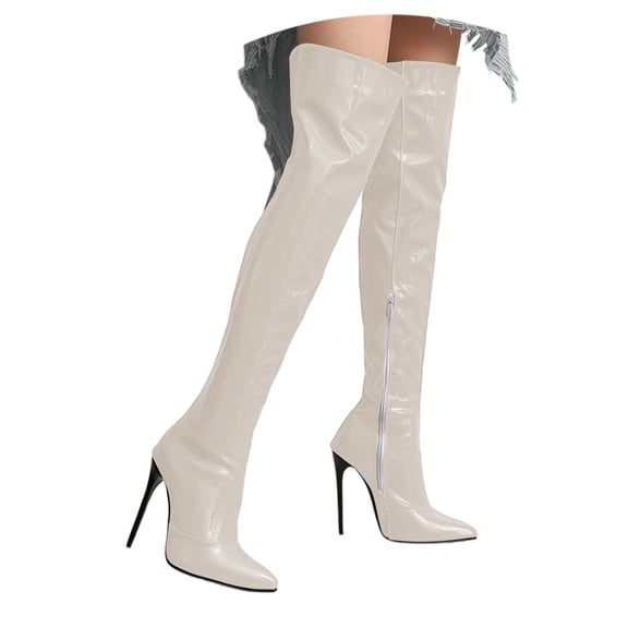 Wovix Women's Knee-High Boots Metal Stiletto Heel Pointed Toe Elastic Over Knee Boots Lace Back Patent Leather Nightclub Striptease Trendy Party White 37