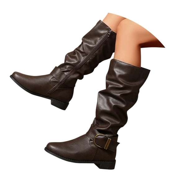 Wovix Women's Knee High Low Hidden Wedge Boots Suede Lining Side Zipper Knee High Buckle Boots Trendy Daily Party Wear Shoes Coffee 42