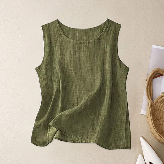 Wovix Women's Linen Tank Tops Sleeveless Breathable Summer Camisole Casual Solid Simple Loose Oversized Tops Army Green L