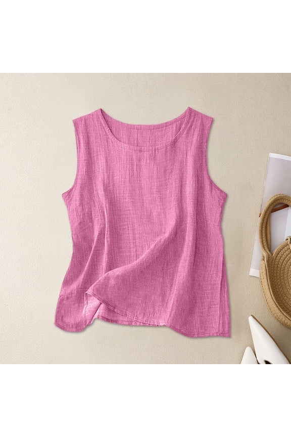 Women's Linen Tank Tops Sleeveless Breathable Summer Camisole Casual Solid Simple Loose Oversized Tops Pink XXL