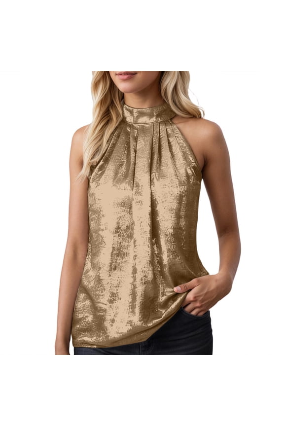 Women's Metallic Sleeveless Halter Tank Tops Pleated Elegant Solid Camisole Casual Summer Work Daily Shirts L