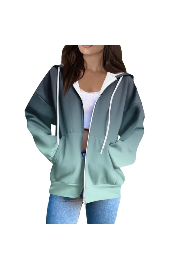Women's Oversized Lightweight Hoodies Spring Fall Zip Up Long Sleeve Drawstring Jackets Gradient Style Basic Soft Daily Coat