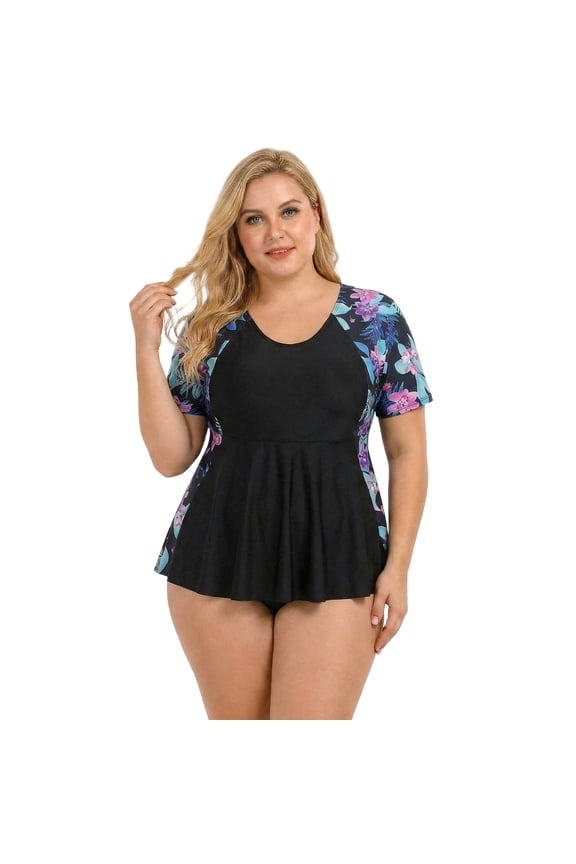 Women's Plus Size One Piece Swimwear Crewneck Rash Guard Short Sleeve Swim Shirt with UPF50+ Sun Protection Swimsuit