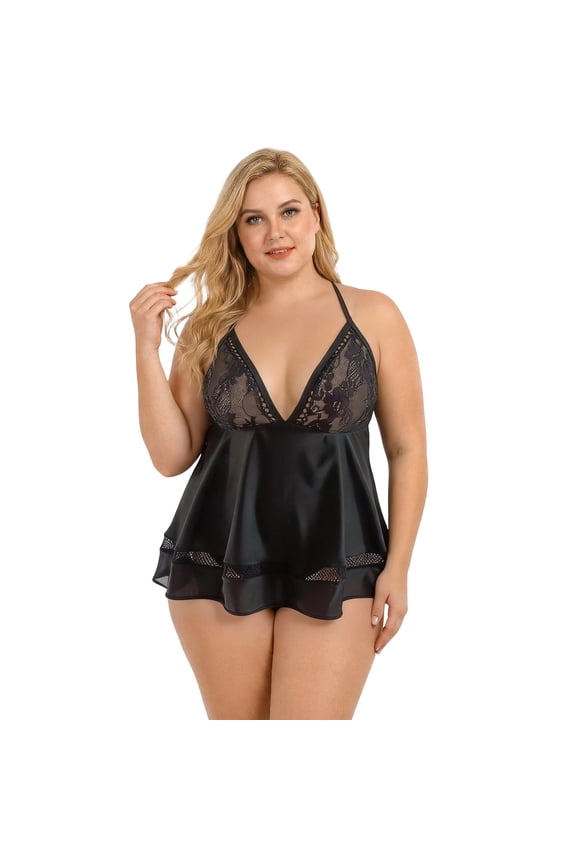 Women's Plus Size One Pieces Swimwears Lace Flyaway Swim Skirt Solid Deep V Neck Swimsuit