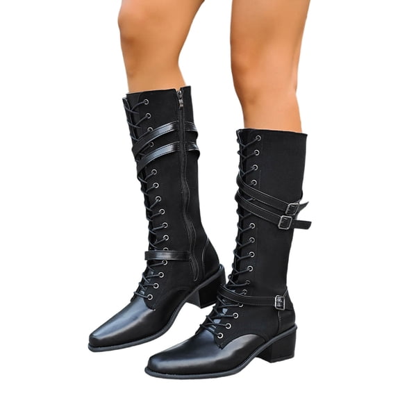Wovix Women's Pu Knee High Riding Combat Boots Trendy Streetwear Boots Buckle Riding Boots Party Wear Daily Work Black 35