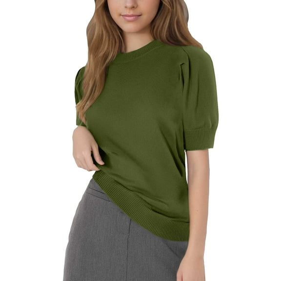 Wovix Women's Puff Short Sleeve Sweater Tops 2025 Fall Trendy Knit Solid Color Crew Neck Casual Basic Slim Pullover Soft Blouses For Daily