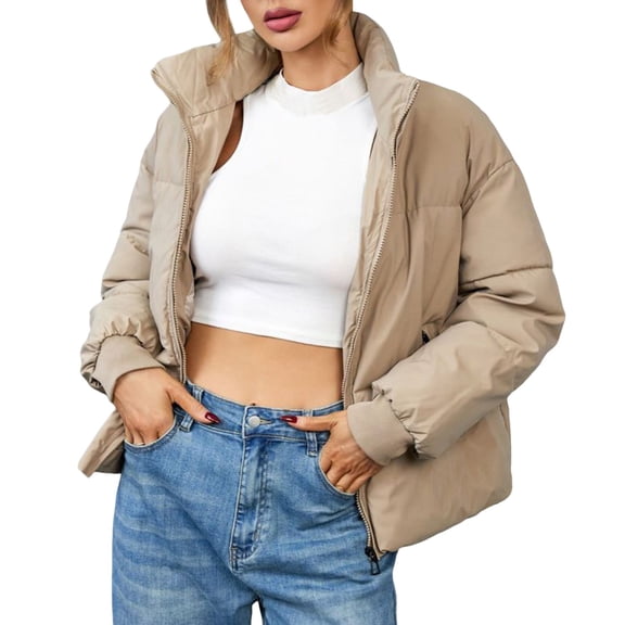 Wovix Women's Puffer Jacket Womens Oversized Cropped Puffy Quilted Winter Jackets Long Sleeve Basic Solid Color Coat Thermal 休闲 Short-length Winter