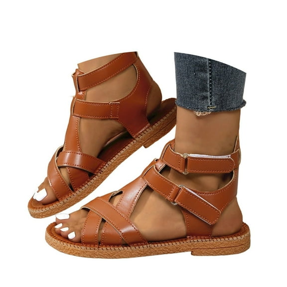 Wovix Women's Sandals Leather Open Toe Open Toe Ankle Strap Dressy Summer Beach Flat Indoor Outdoor Shoes