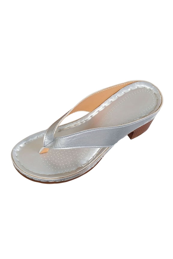 Women's Sandals Thong Shoes Heel Flat Shoes Simple Beach Slippers Indoor Outdoor Shoes Silver 36