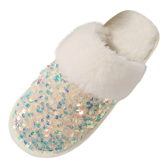 Wovix Women's Sequin Slippers Fuzzy Sparkly Non- Memory Foam Ladies House Shoes Indoor And Outdoor Comfy Thermal Fluffy Collar House Shoes