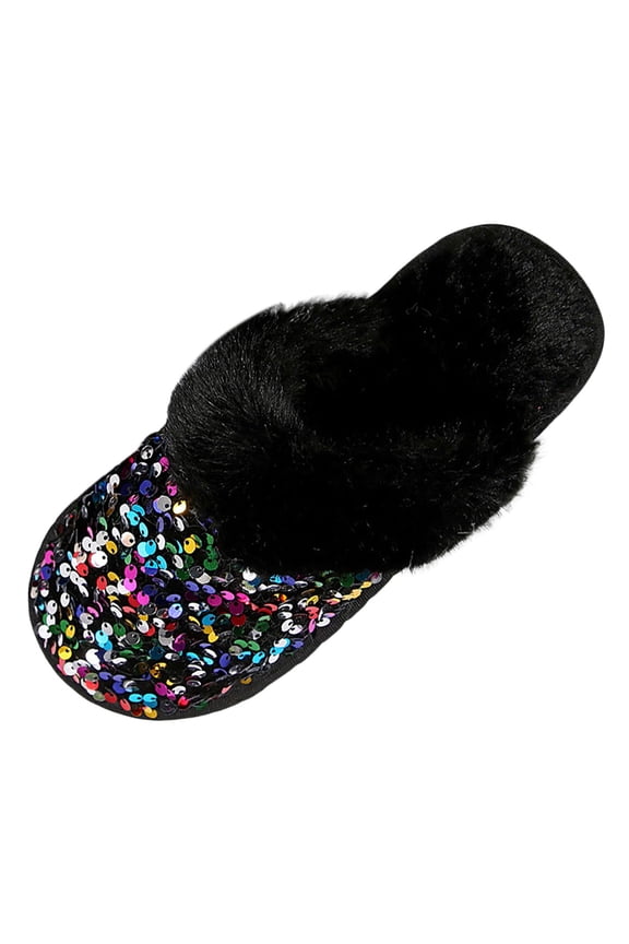 Women's Sequin Slippers Fuzzy Sparkly Non- Memory Foam Ladies House Shoes Indoor And Outdoor Comfy Thermal Fluffy Collar House Shoes