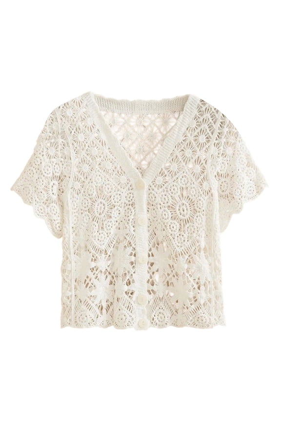 Women's Short Sleeve V Neck Crochet Lace Open Cardigan Trendy Work Blouse Daily Vacation Tops White M