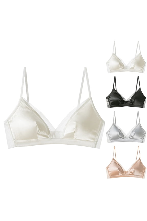 Women's Silk Satin Wire-Free Padded Bralette with Soft Silk Cup Bra Top Solid Simple Comfy Wedding Bra Grey S