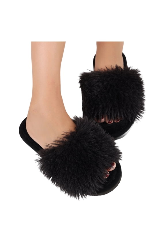 Women's Slippers Fuzzy Flat Spa Fluffy Open Toe House Shoes Solid Color Basic Indoor Outdoor Slip on Memory Foam Cushionin Open Toe Slippers