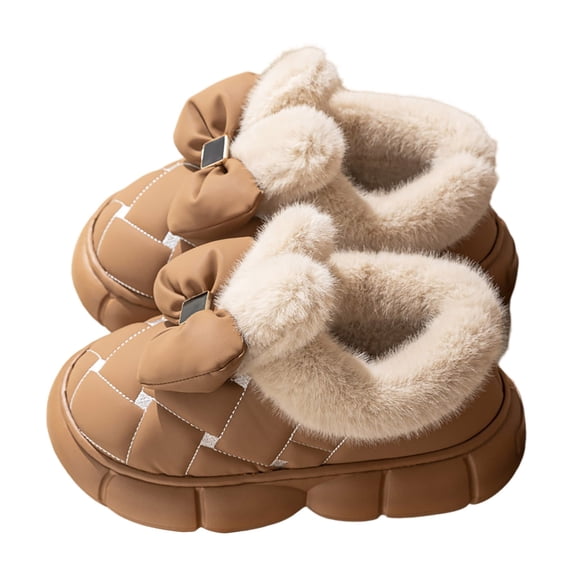 Wovix Women's Solid Color Cute Bowknot Design Plush Lined Slipper Winter Thermal Anti-Skid Waterproof Thick Sole House Boots Casual Furry Slippers