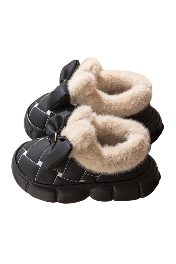 Women's Solid Color Cute Bowknot Design Plush Lined Slipper Winter Thermal Anti-Skid Waterproof Thick Sole House Boots Casual Furry Slippers