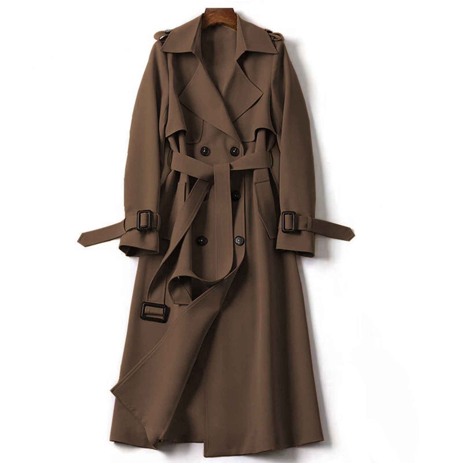 Wovix Women's Solid Color Double Long-Length Trench Coat Belted
