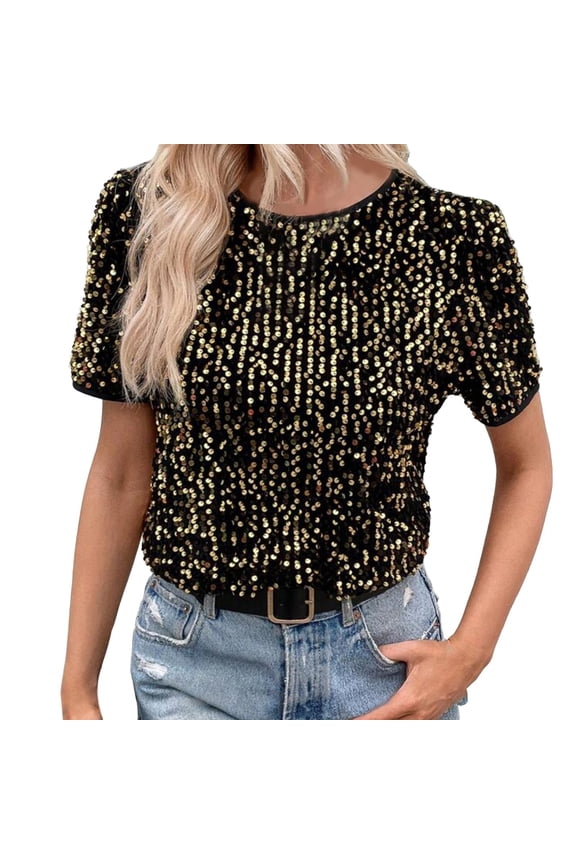 Women's Sparkly Sequin T-Shirts Short Sleeve Glitter Top Concert Party Disco Blouse Carnival GD1 S