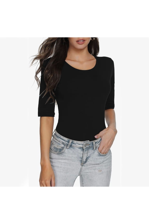 Women's T-Shirt Basic Elbow Sleeve Crewneck Solid Stretchy Casual Tee Simple Slim Comfy Tops Black S