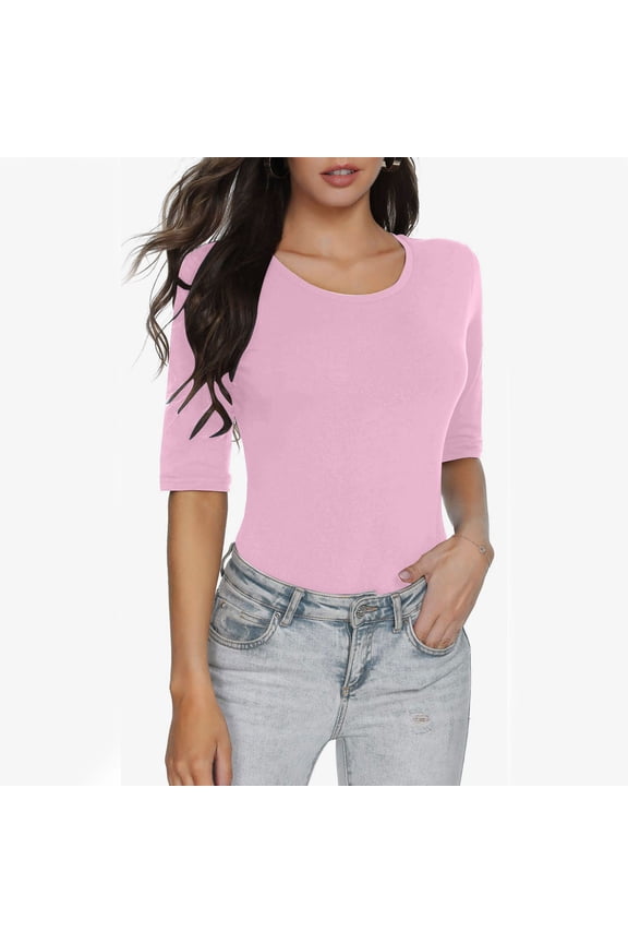 Women's T-Shirt Basic Elbow Sleeve Crewneck Solid Stretchy Casual Tee Simple Slim Comfy Tops Pink XXL