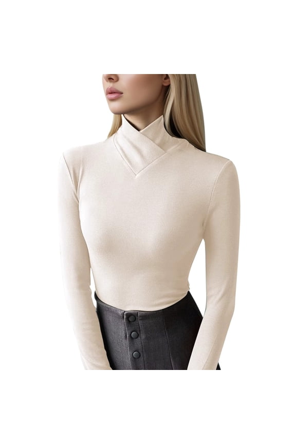 Women's T-Shirts Solid Comfy Ruched Neck Long Sleeve Tee Solid Slim Fitted Tops Daily Beige L (2)