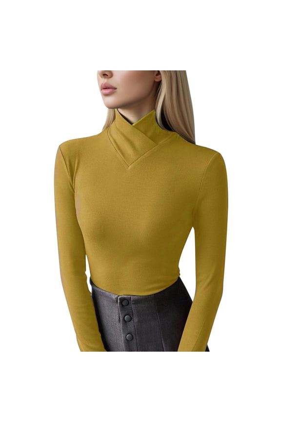 Women's T-Shirts Solid Comfy Ruched Mock Neck Long Sleeve Tee Solid Slim Fitted Tops Daily Yellow XL(3)