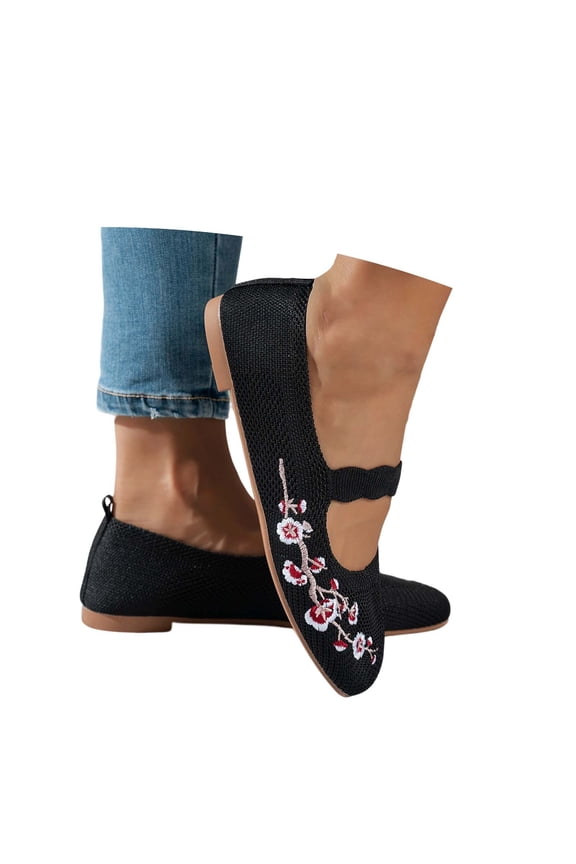 Women's Wide Toe Box Flats Knit Flower Mary Jane Ballet Walking with Arch Support Comfortable Dressy Shoes Black 41