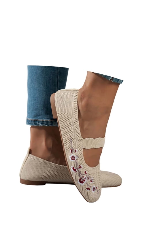 Women's Wide Toe Box Flats Knit Flower Mary Jane Ballet Walking with Arch Support Comfortable Dressy Shoes White 38