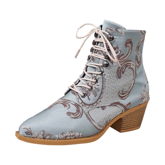 Wovix Womens Ankle Boots Pointed Toe Vintage Floral Embroidered Block Heel Cowboy Boots Heighten Ankle Booties Unique Minority Style Shoes Blue 40