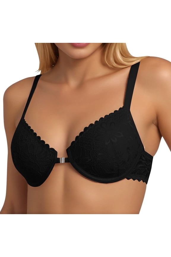 Womens Comfy Lace Bra Maximum Cleavage Underwire Push Up Breathable Adjustable Straps Everyday Wear Bra Black 80C