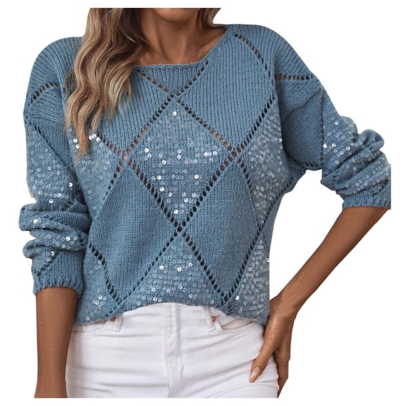 Wovix Womens Crewneck Crochet Long Sleeve Pullover Hollow Out Knit Sweaters Fashion Lightweight Loose Casual Plaid Soft Warm Tops