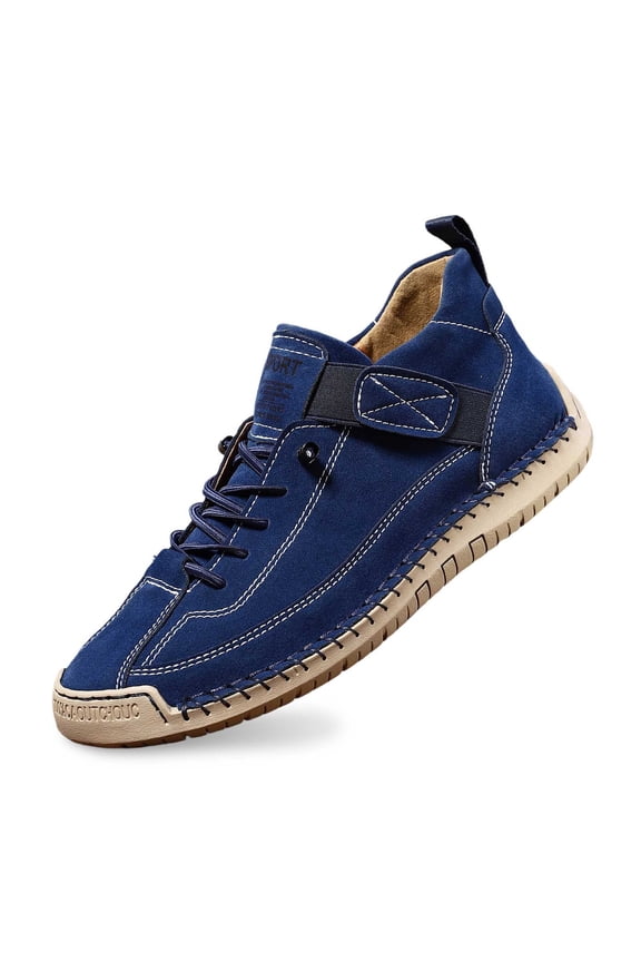 Womens Hand Stitching Leather Slip-On Ankle Boots with Adjustable Elastic Band Casual Lightweight Walking Retro High Top Flat Boat Shoes