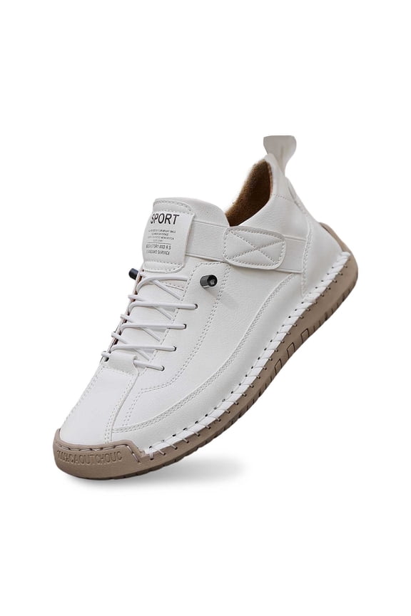 Womens Hand Stitching Leather Slip-On Ankle Boots with Adjustable Elastic Band Casual Lightweight Walking Retro High Top Flat Boat Shoes