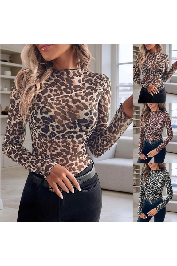 Womens Long Sleeve Mesh Shirts See Through Neck Sheer Blouses Leopard Pattern Slim Trendy Tops Grey L
