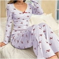 thumbnail image 1 of Wovix Womens Pajama Sets 2 Piece Bow Print Stretchy Sleepwear Long Sleeve Crewneck Breathable Comfortable Soft Wear Loungewear Sets Daily, 1 of 4