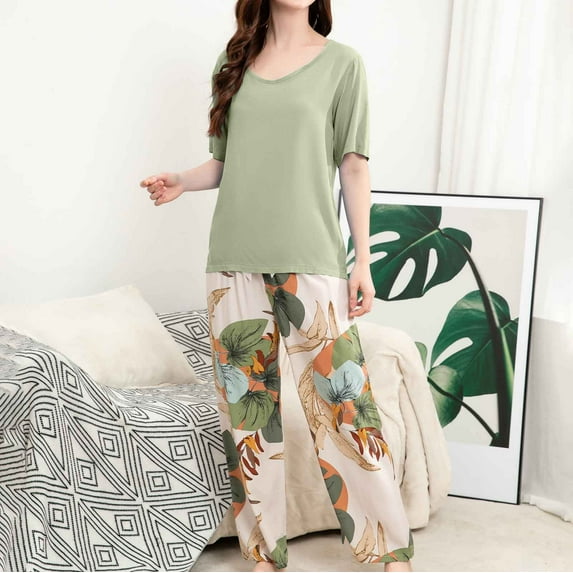 Wovix Womens Pajama Sets Shorts Wide Leg Pants Set With Short Sleeve Crewneck Tops Sleepwear Casual Trendy Loungewear