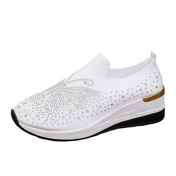 Wovix Womens Rhinestone Sneakers On Wedge Orthopedic Breathable Mesh Platform Soft Lightweight Walking Loafer with Glitter Leisure Work Shoes Spring Summer