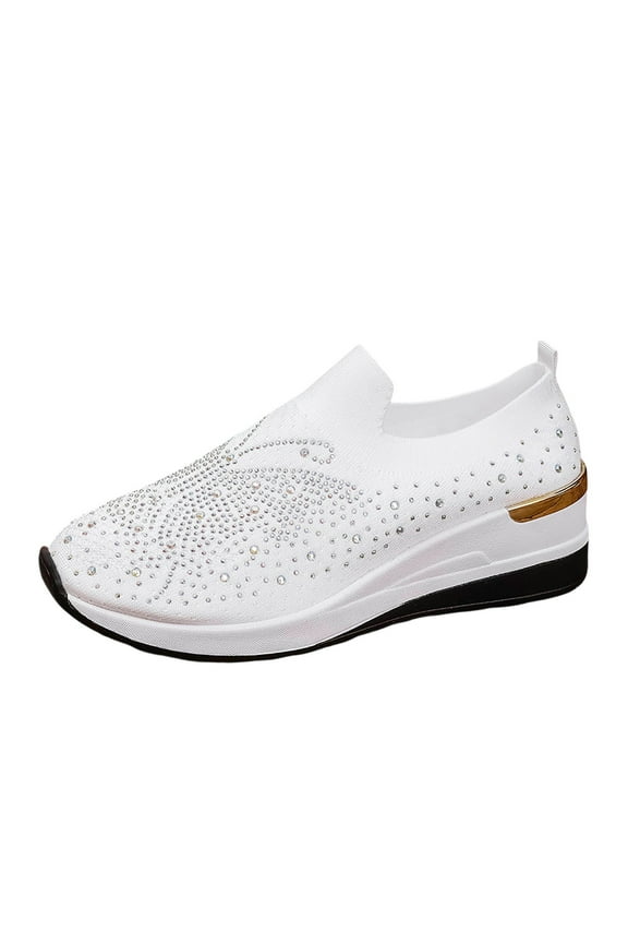 Womens Rhinestone Sneakers On Wedge Orthopedic Breathable Mesh Platform Soft Lightweight Walking Loafer with Glitter Leisure Work Shoes Spring Summer