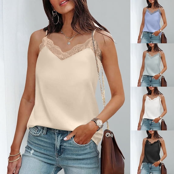 Wovix Womens Satin V Neck Tank Top Lace Trim Cami Spaghetti Strap Camisole Sleeveless Solid Trendy Shirt L
