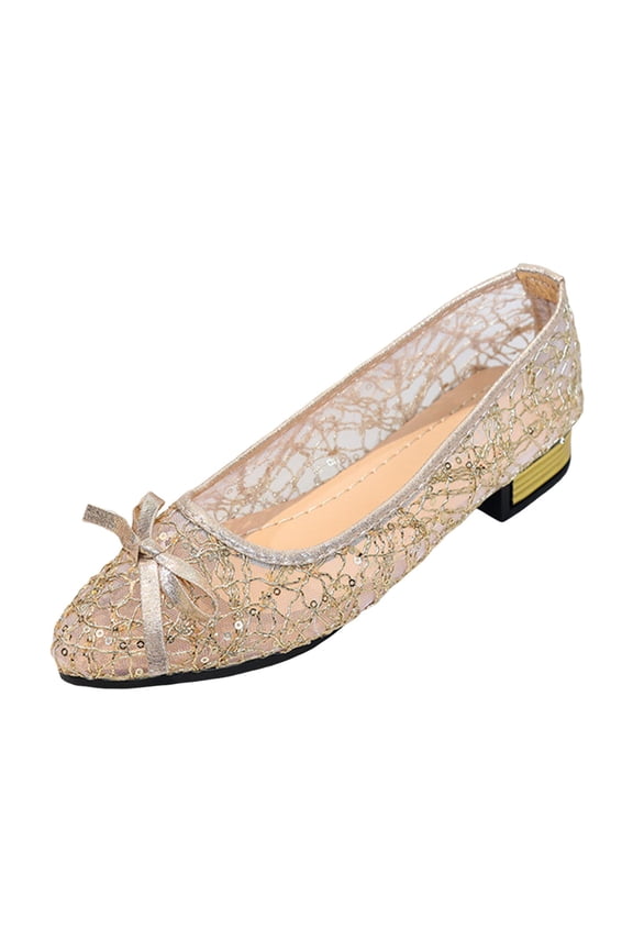 Womens Sequins Glitter Round Toe Ballet Flat with Bow Slip On Bow Design Work Daily Mesh Breathable Shoes Gold 36