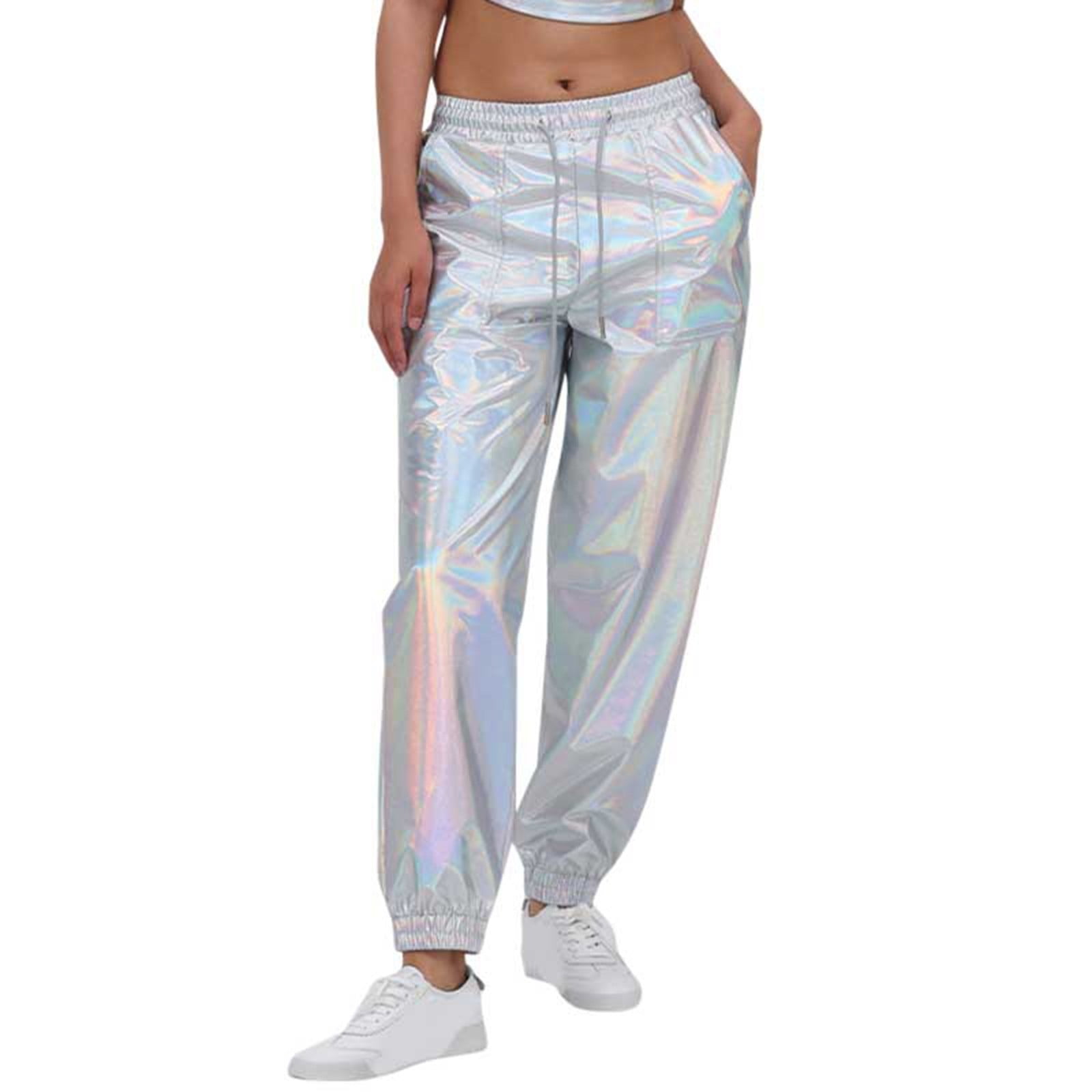 Wovix Womens Shiny Metallic High Waist Stretchy Jogger Pants Wet Look Hop Club Wear Holographic Trousers Casual Sweatpant Trendy Streetwear Party Show