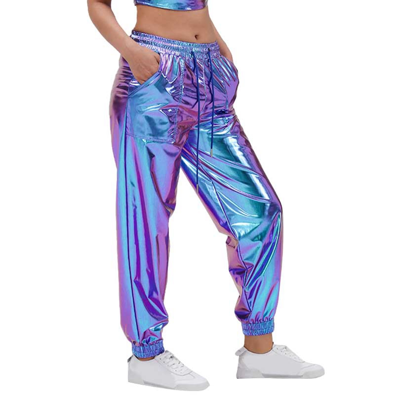 Wovix Womens Shiny Metallic High Waist Stretchy Jogger Pants Wet Look Hop Club Wear Holographic Trousers Casual Sweatpant Trendy Streetwear Party Show