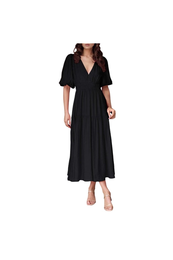 Womens Summer Casual Midi Maxi Dresses Lightweight Elbow Sleeve V Neck Elastic Waist Boho Beach Dress Pockets Daily