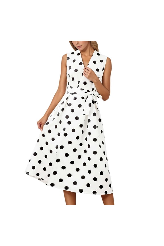 Womens Summer Sleeveless Midi Dress White Polka Dot Bow V Neck Flowy Aline Dresses Side Pocket Dress