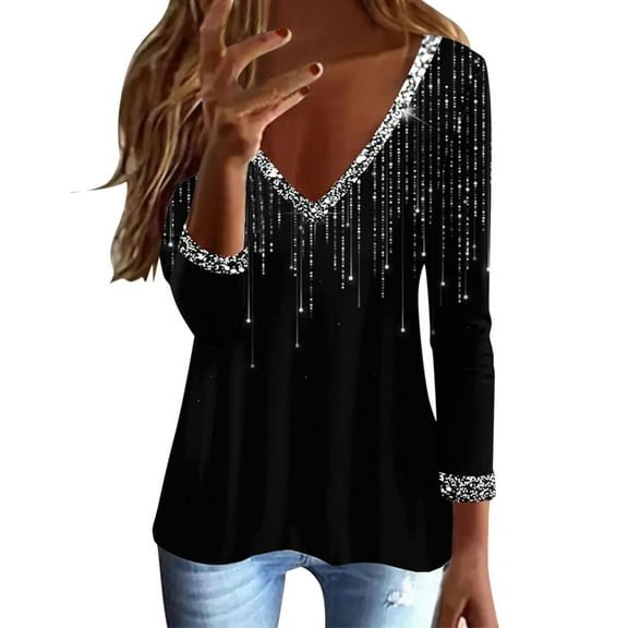 Wovix Womens Tops Casual Blingbling Printted Long Sleeve V Neck Tees Shirt Loose With Side Split Tunic Design T Shirts Blouses