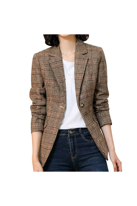 Womens Tweed Blazers Casual Long Sleeve Double Open Front Blazer Jackets Plaid Blazer Jacket - Fully Lined Business Lapel Elegant Coat with Pockets Work Suits