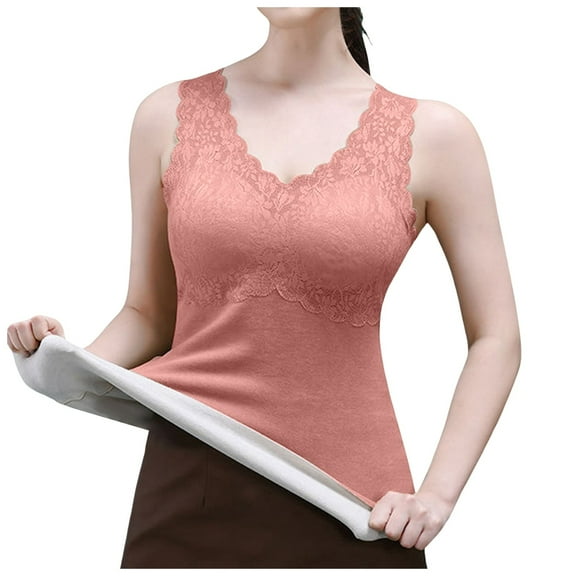 Wovix Womens V-Neck Sleeveless Thermal Base Layer Double Lined Y2K Vintage Trendy Lace Cropped Tank Tops High Stretch Slim Tunic Tank Tops For Daily Winter Clothes