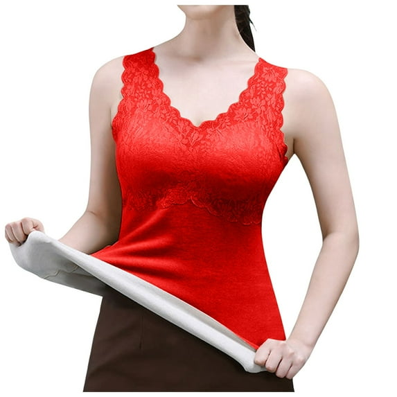 Wovix Womens V-Neck Sleeveless Thermal Base Layer Double Lined Y2K Vintage Trendy Lace Cropped Tank Tops High Stretch Slim Tunic Tank Tops For Daily Winter Clothes
