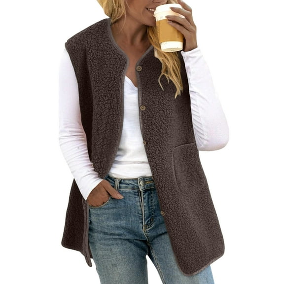 Wovix Womens Vest Casual Warm Fuzzy Shearling Vest Sleeveless Fleece Jacket with Pocket Teddy Solid Color Coat Lightweight Thermal Soft Basic Gilet for Winter